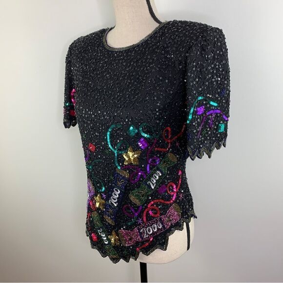Vintage Lawrence Kazar Y2K New Year’s  Sequin Beaded Silk Top Sz M - Picture 5 of 13